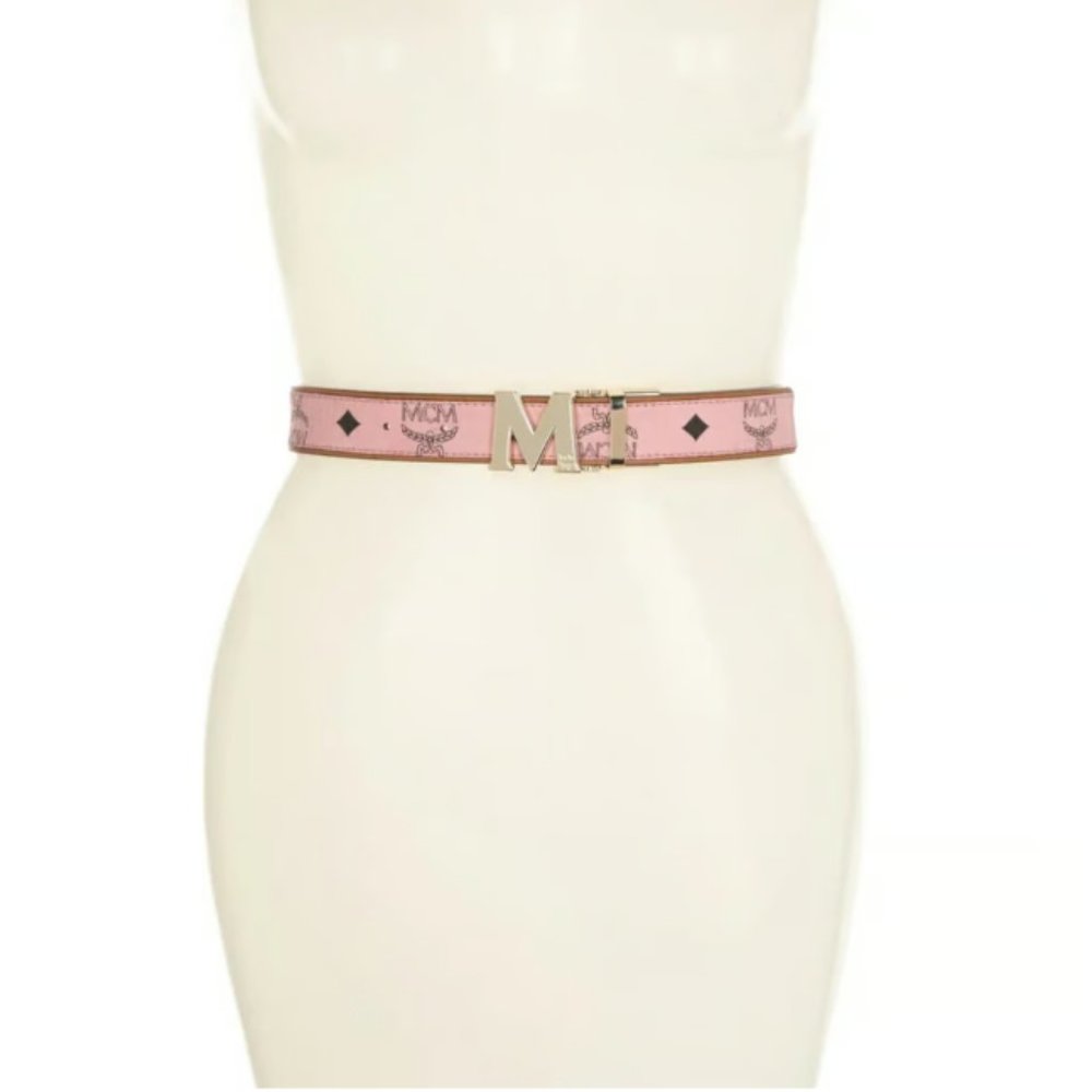 MCM Claus Matte M Visetos Pink Reversible Buckle Belt Shiny Gold One Size